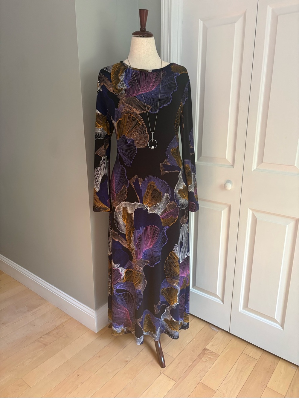 Chico's Black Long Sleeve Floral Maxi Dress with Purple & Gold Accents